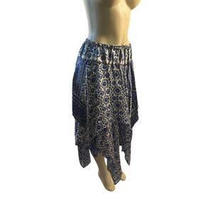 Kashi 100% Silk Asymmetrical Hippie Boho Festival Skirt Drawstring Blue Floral